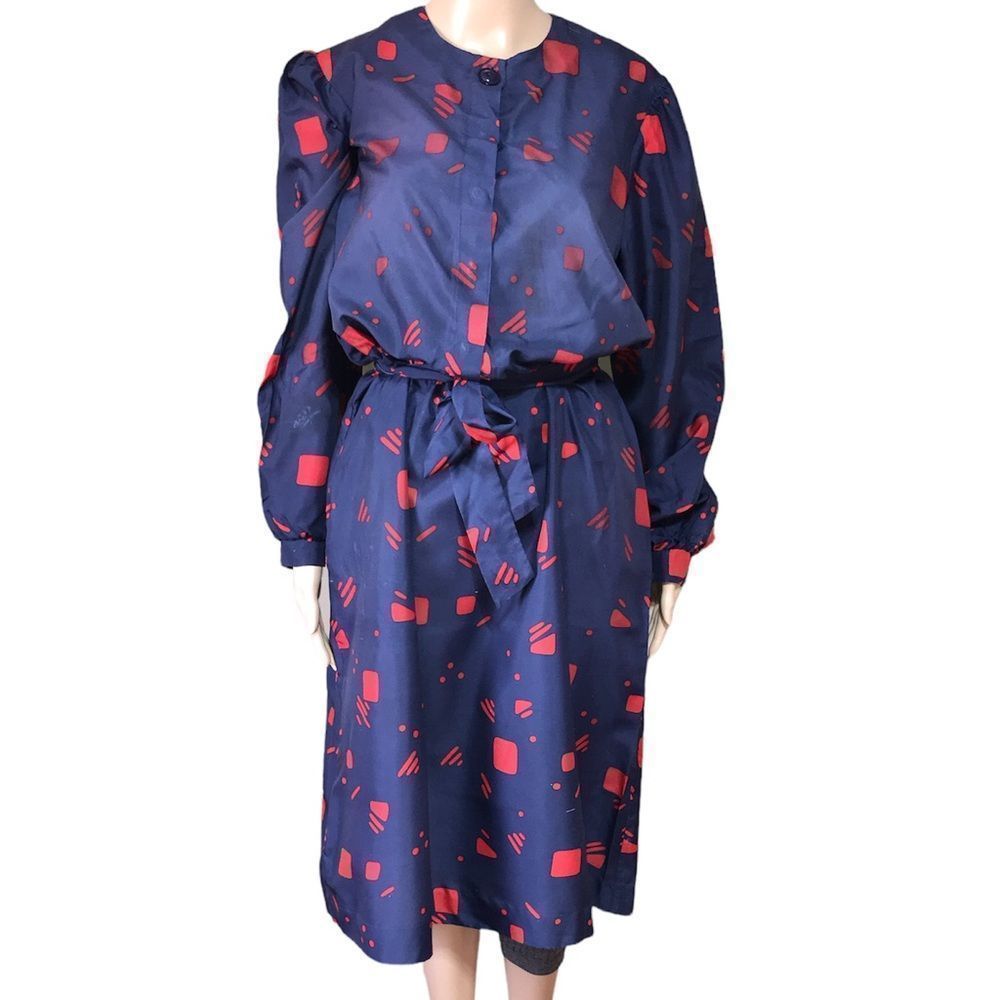 Vintage 40s handcrafted blue & red geometric print dress modern size XL / 1X